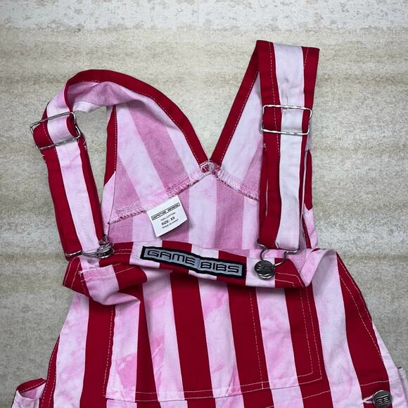 Vintage 90s Game Bibs Overalls Mens XS Baggy Fit Red White Striped Work Wear - Picture 3 of 3